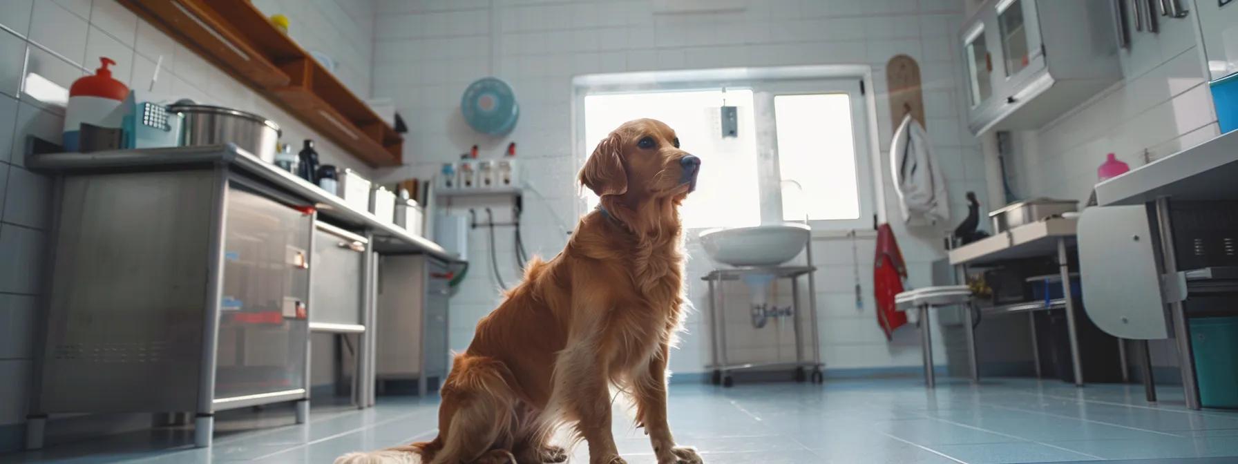 a clean and bright dog grooming facility showcases a knowledgeable groomer meticulously attending to a well-groomed dog, with professional tools and a reassuring environment that emphasizes care and safety.