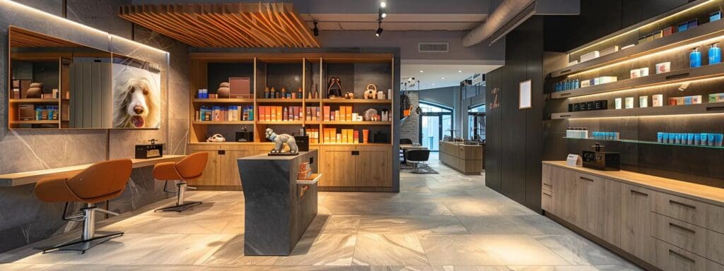 a sleek, modern pet grooming salon with vibrant decor showcases a professional groomer expertly styling a well-groomed dog, highlighting the attentive care and cleanliness of the space.