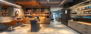 a sleek, modern pet grooming salon with vibrant decor showcases a professional groomer expertly styling a well-groomed dog, highlighting the attentive care and cleanliness of the space.